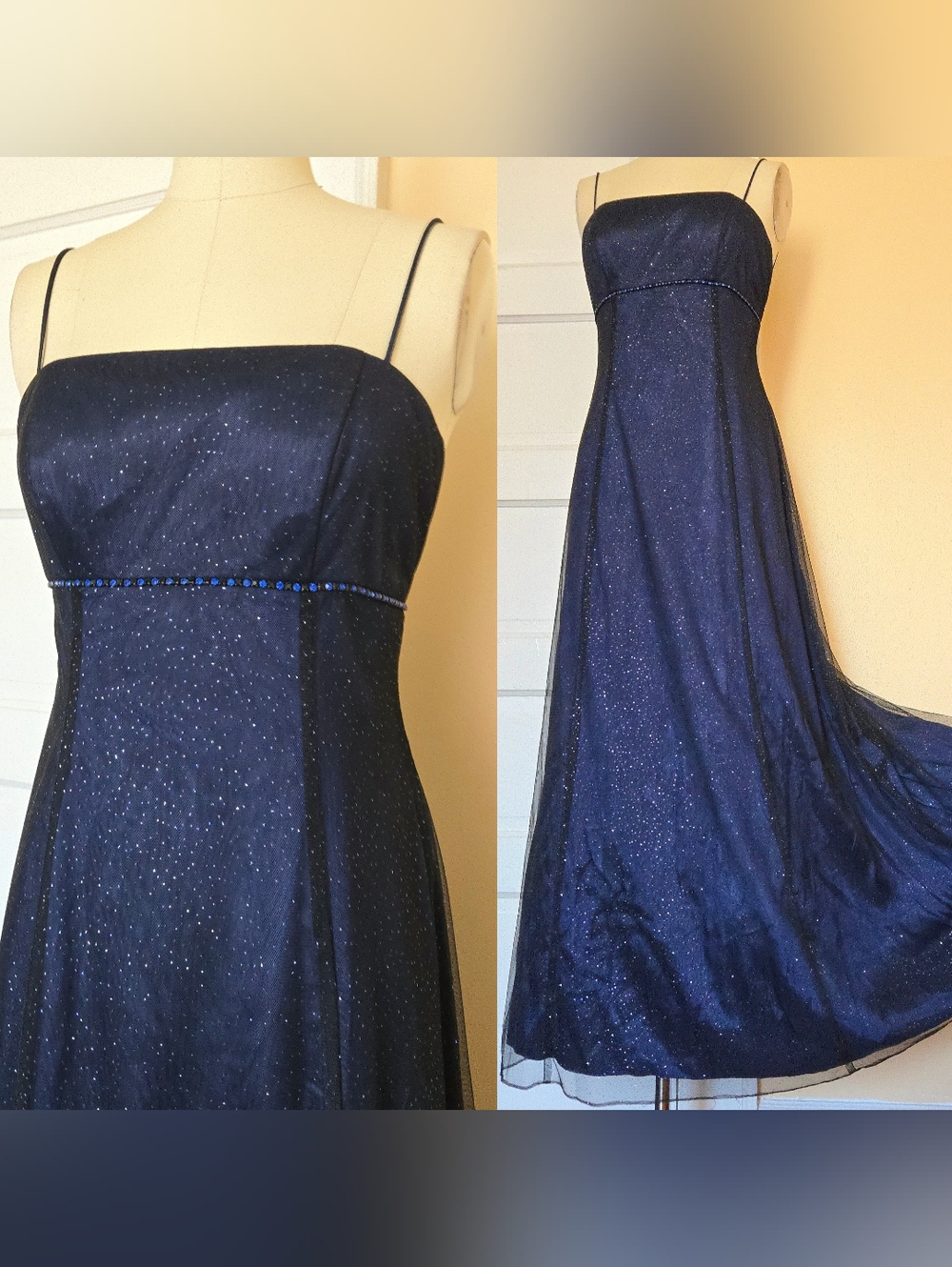 1990s navy blue celestial prom dress, glittery, rhinestone-studded empire waist,